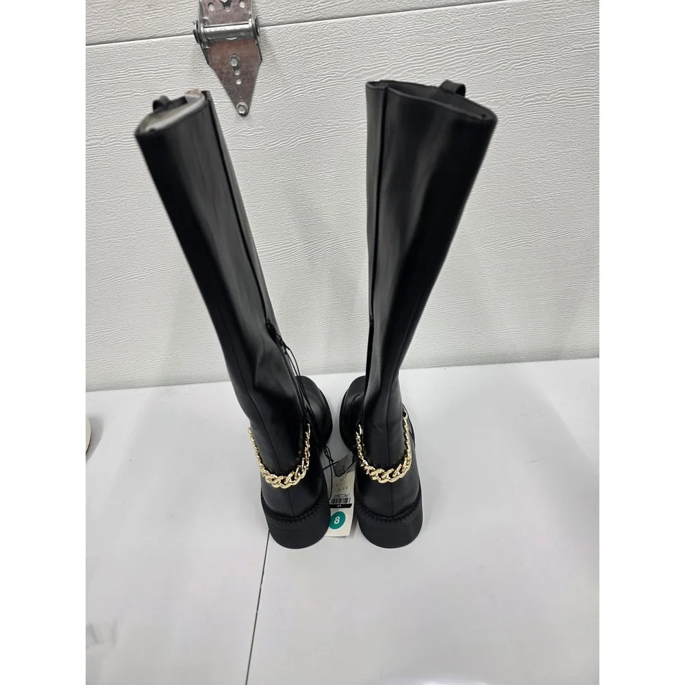 Black Faux Leather Knee High Boots with Gold Chain Detail Round Toe Size 8